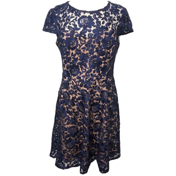 Marina Navy and Metallic Lace Fit and Flare Cocktail Dress 10 EUC - Picture 2 of 7